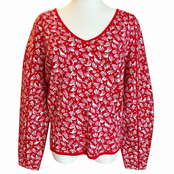 Anthropologie Red and White Leaf Pattern Sweater - Picture 1 of 8